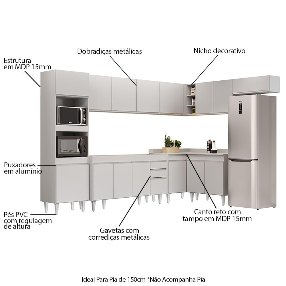 Armário de Cozinha Modulada de Canto 8 Peças CP07 Balcão Branco - Lumil