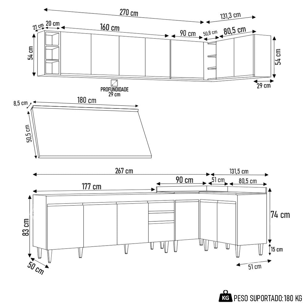 Armário de Cozinha Modulado de Canto 7 Peças CP35 Balcão com Tampo Preto/Cinza - Lumil