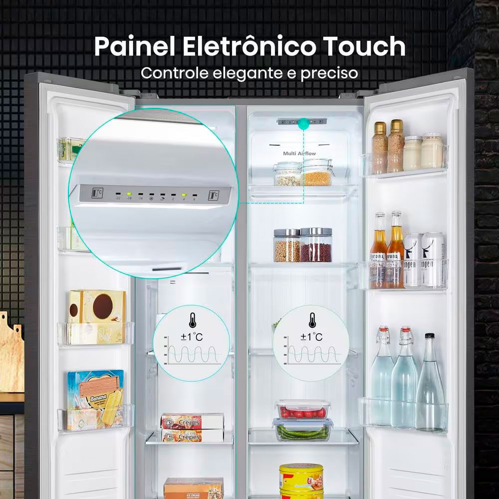 Encontraproduto.com.br - Geladeira 428L Hisense RS3P428 Side by Side Inverter Frost Free Portas Planas Puxador Embutido