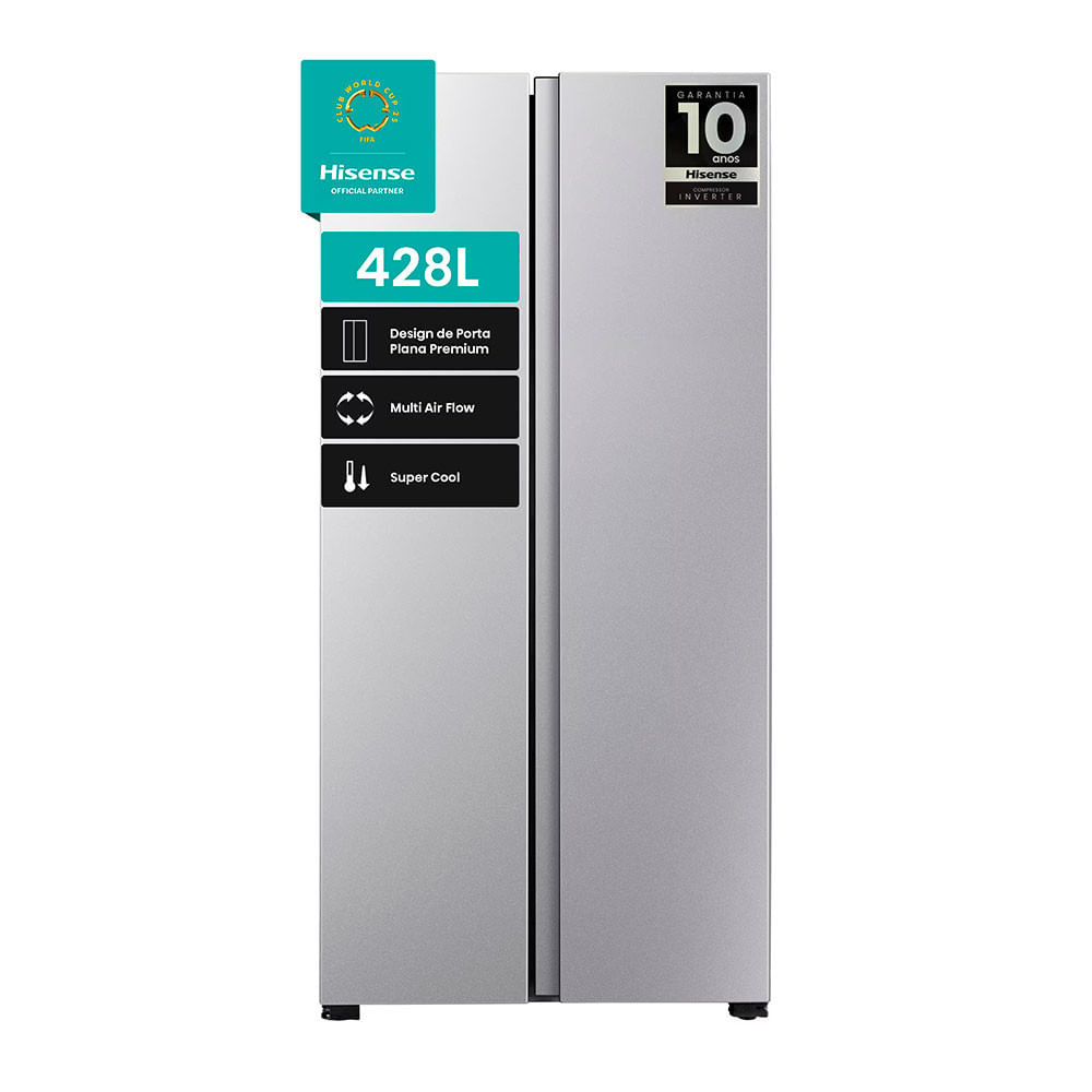 Encontraproduto.com.br - Geladeira 428L Hisense RS3P428 Side by Side Inverter Frost Free Portas Planas Puxador Embutido