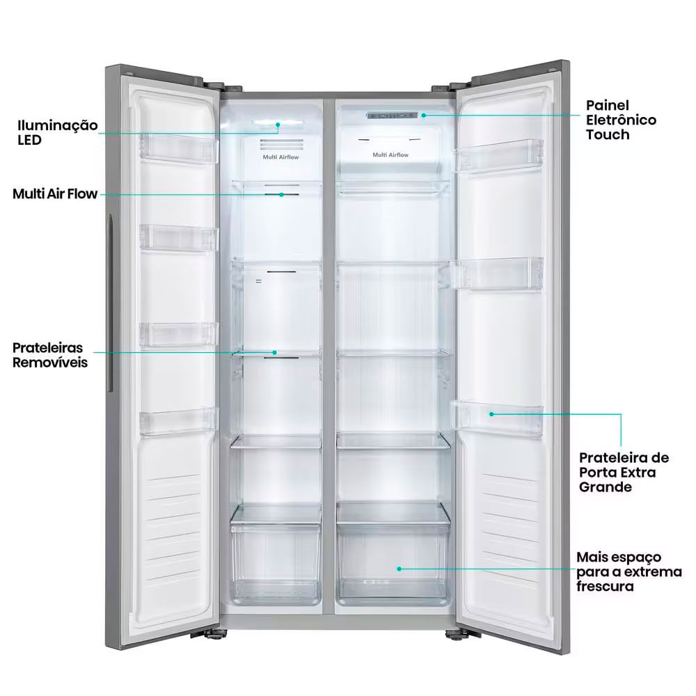 Encontraproduto.com.br - Geladeira 428L Hisense RS3P428 Side by Side Inverter Frost Free Portas Planas Puxador Embutido