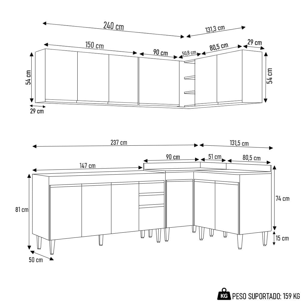 Armário de Cozinha Modulado de Canto 6 Peças CP31 Balcão sem Tampo Branco/Preto - Lumil