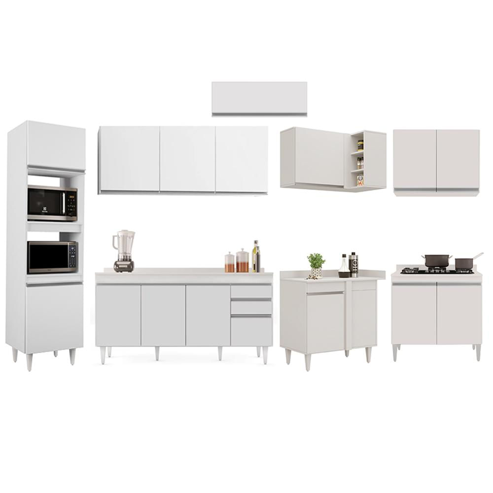 Armário de Cozinha Modulada de Canto 8 Peças CP08 Balcão com Tampo Branco - Lumil