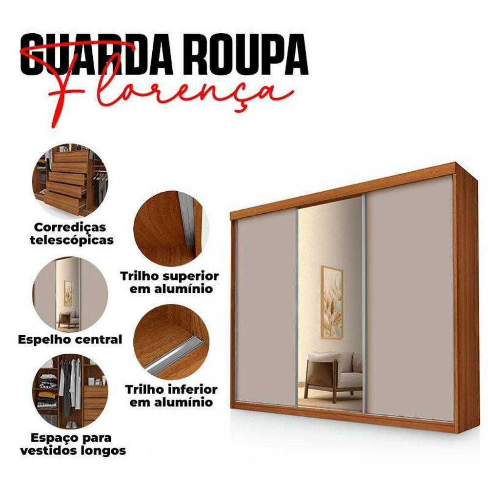 Guarda Roupa Casal Ambiente Florença 3 Portas De Correr Com Espelho Carvalho New Off White Pina - Luapa