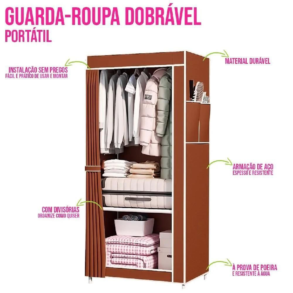 Guarda Roupa Cabideiro Organizador Multiuso Com Prateleira Estante Portatil Quarto Closet Loja Marrom