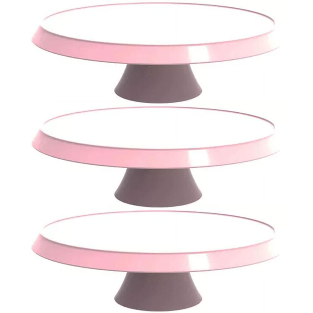 3 Bases Rosa Porta Bolos Tortas Doces 25cm com Pé Bubble Suporte Crippa