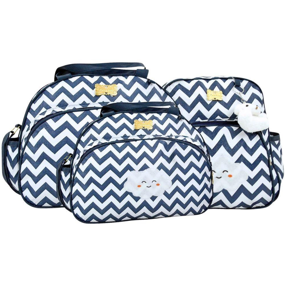 Kit Bolsas Maternidade E Mochila Nuvem Baby Chevron Azul Marinho