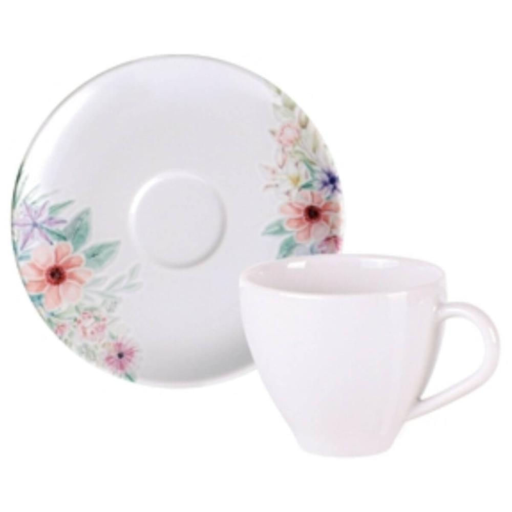 Jogo 6 Xícaras de Café com Pires 100ml Tramontina Floratta Porcelana Cozinha Mesa Posta