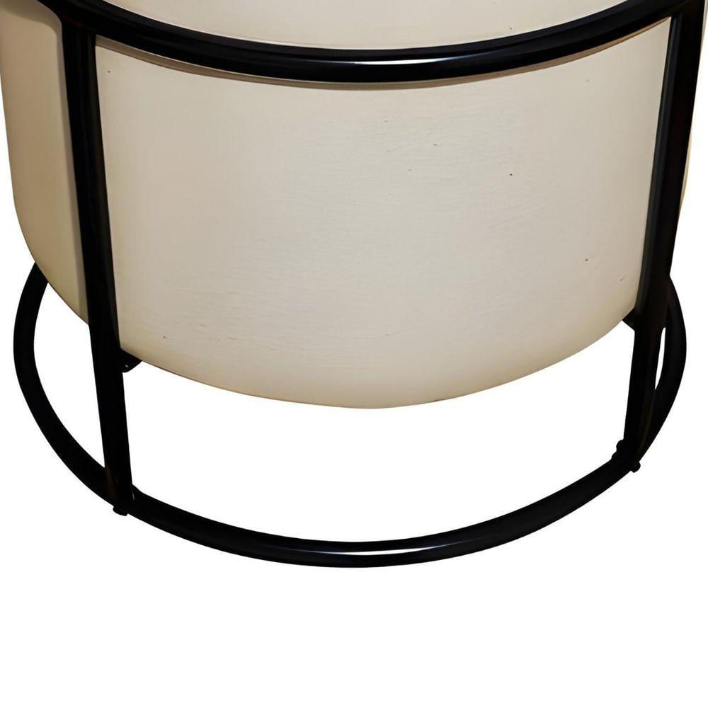 Puff Decorativo Redondo Para Sala Argola Ian Bege Preto Linho