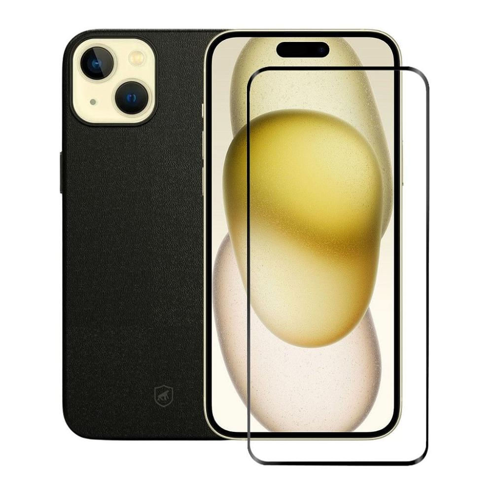 Kit Capa Couro Dual Preta e Pelicula Coverage 5D Pro Preta para IPhone 15 - Gshield