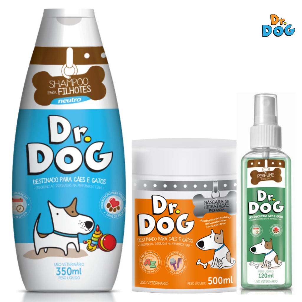 Kit banho em casa Shampoo e Condicionador e Perfume Filhotes Caes Gatos hipoalergenico Dr .Dog