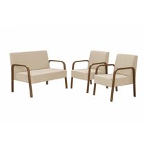 Conjunto Poltronas Jade Braço Madeira Suede Bege.