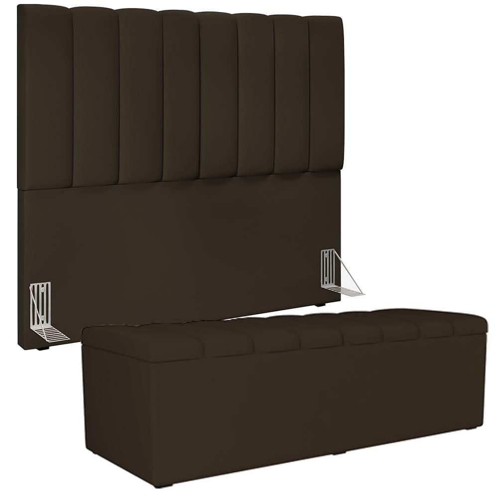 Kit Cabeceira Cama Box Casal 140cm Com Calçadeira Recamier Baú Dália W01 Suede Marrom - Lyam Decor