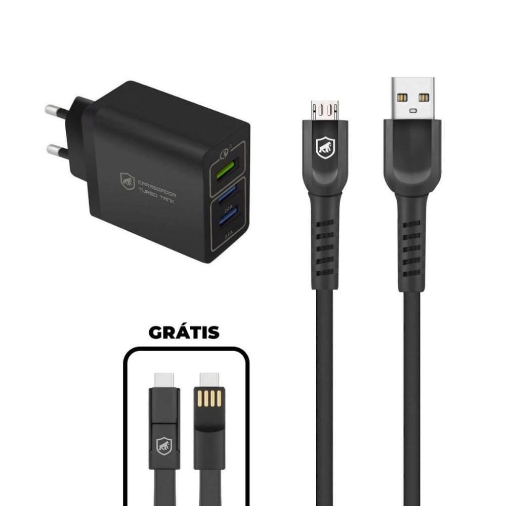 Kit Carregador Triplo Turbo + Cabo Dual Shock Micro USB V8 + Cabo de Brinde - Gshield