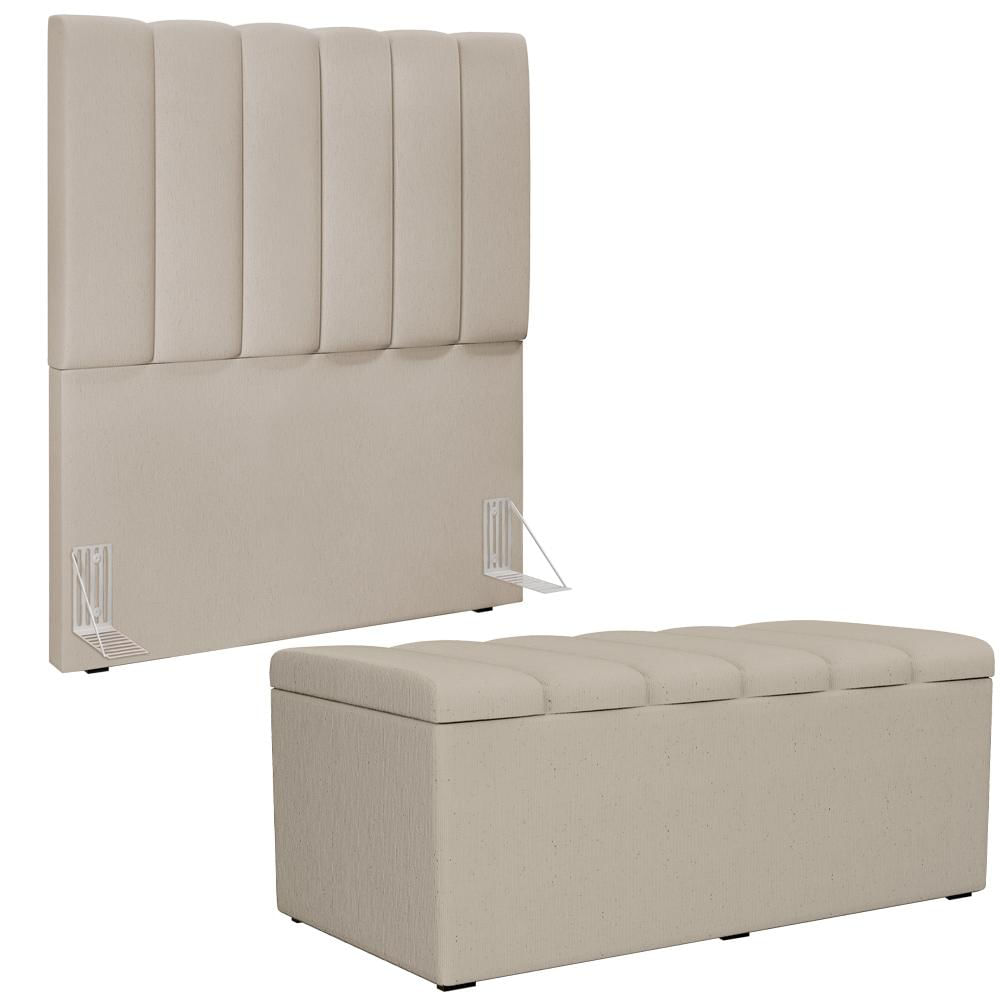 Kit Cabeceira Cama Box Solteiro 100cm Com Calçadeira Recamier Baú Dália W01 Linho Bege - Lyam Decor