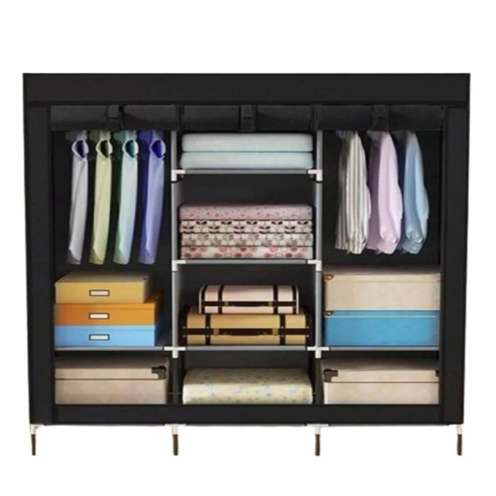 Encontraproduto.com.br - Guarda Roupa Cabideiro Portatil Prateleiras Dobravel Armario Arara Grande Organizador Preto