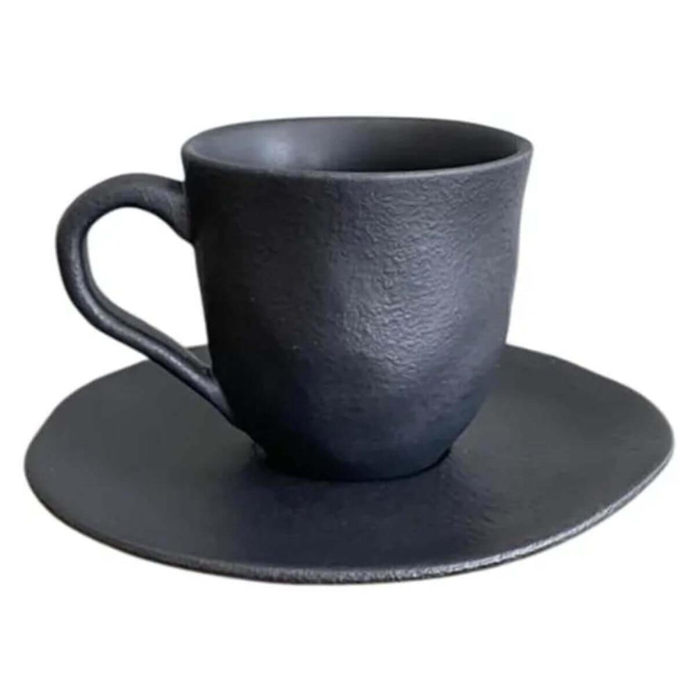 Jogo 6 Xícaras Café 120ml Com Pires Preto Matte Cerâmica Orgânico Porto Brasil