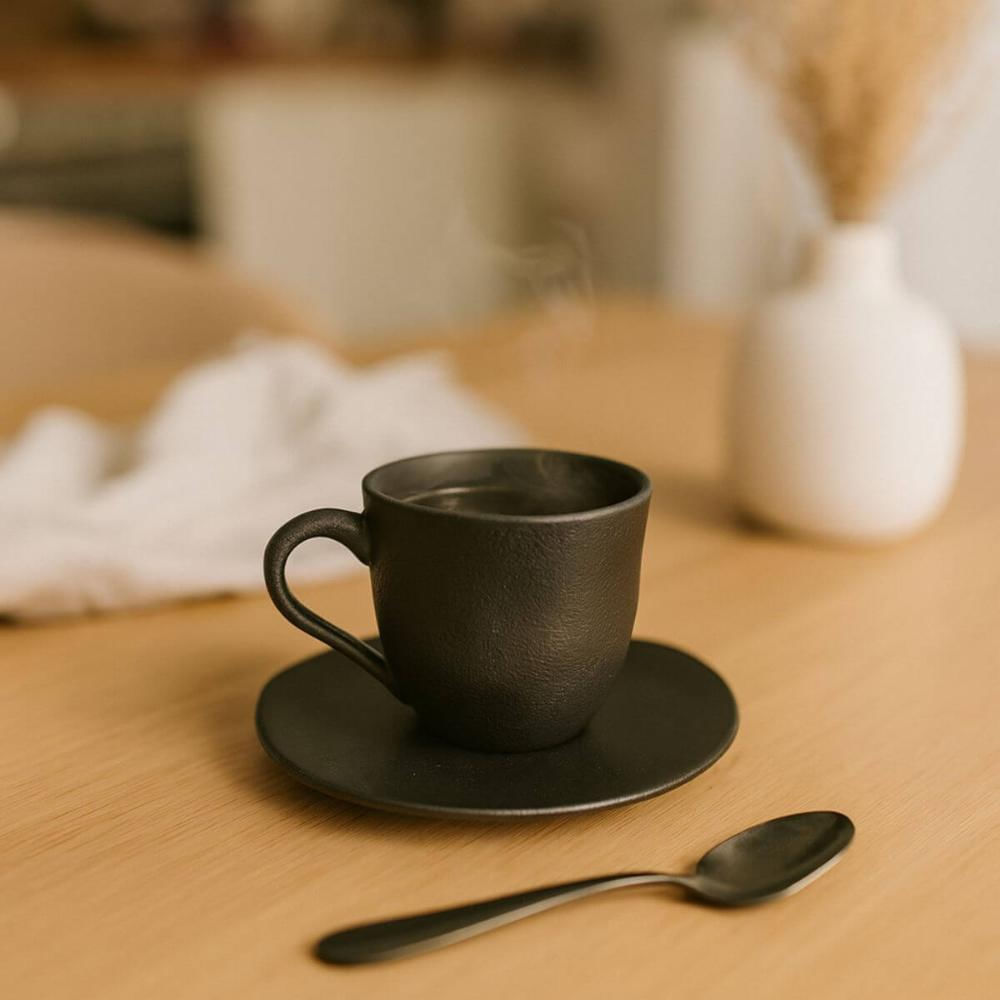 Encontraproduto.com.br - Kit 12 Xícaras de Café 120ml Com Pires Orgânico Cerâmica Preto Matte Porto Brasil Sushi