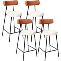 Kit 04 Banquetas Baixa Cozinha Sala Jantar Milão L02 Couríssimo Camel Linho Cru  - Lyam Decor