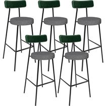 Kit 05 Banquetas Alta Bar Cozinha Sala Jantar Milão L02 Facto Verde Linho Cinza Escuro - Lyam Decor