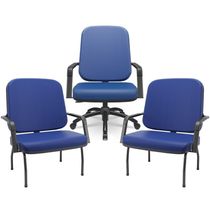 Kit Cadeira De Escritório Giratória E 2 Cadeiras Fixas Preta Magno P03 Vinil Azul - Lyam Decor