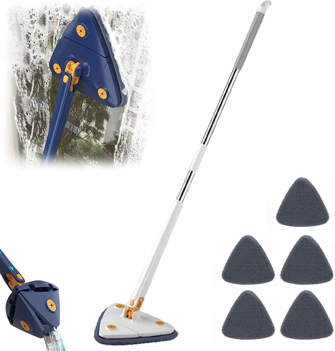 Mop Triangular Retrátil Giratório De 360graus Mop De Limpeza De Alça Longa Ajustável -C/ 5 REFIL PANOS