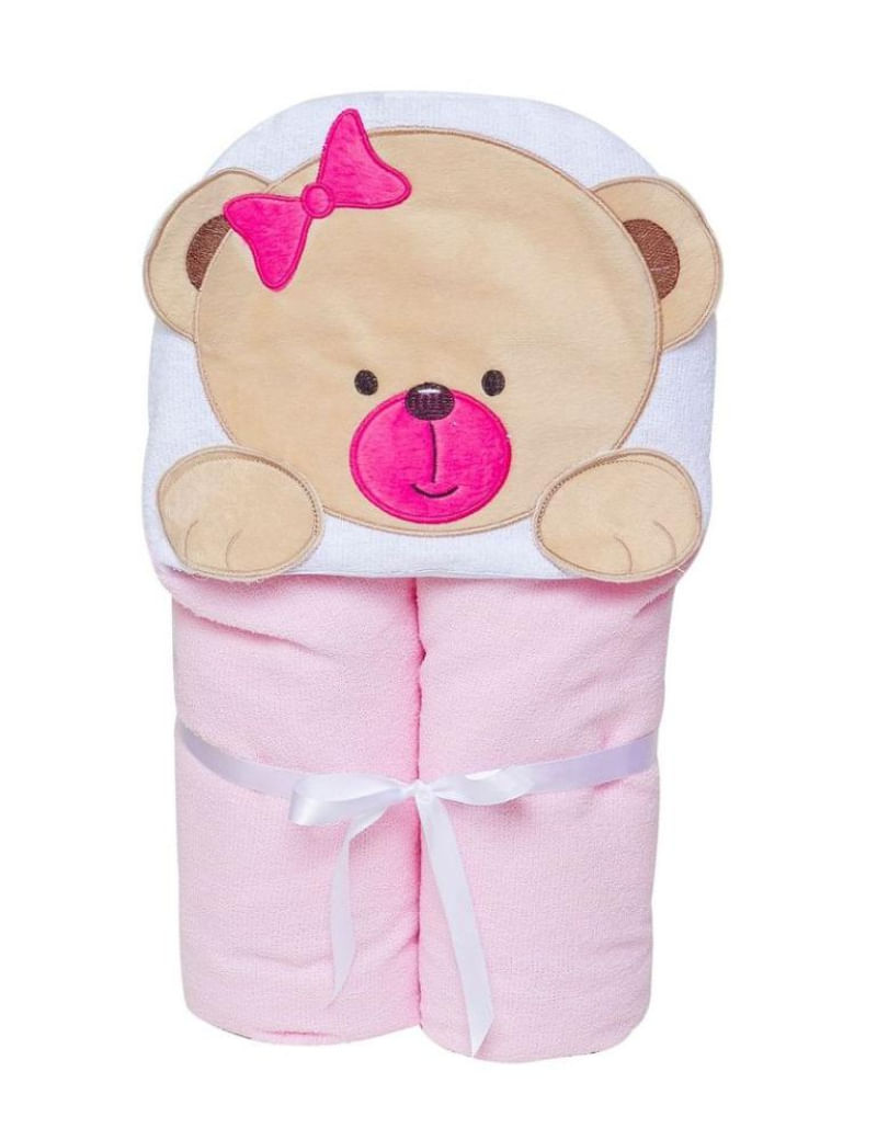 Toalha De Banho Felpuda Ursinho Rosa Com Capuz - Papi