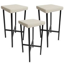 Kit 03 Banquetas Alta Bar Cozinha Sala De Jantar Preto Stella L02 Linho Champagne - Lyam Decor
