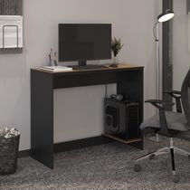 Mesa Para Escritório Com Passa Fios E Tampo Usinado Tech - Preto E Cedro