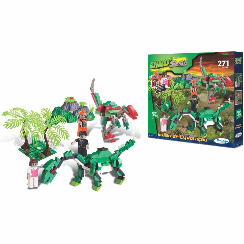 Blocos de Encaixe Dino Saga Safari de Exploração Dinossauros 272 peças Multicolorido 6510 Xalingo