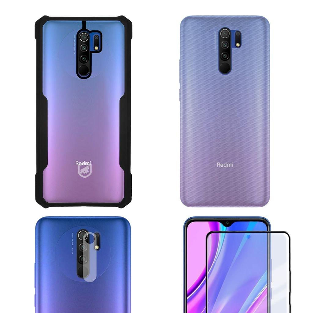 Película Defender Glass + Camera + Fibra de Carbono + Capa Dual Shock X Para Redmi 9 - Gshield