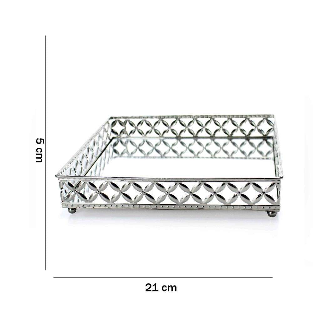 Bandeja Decorativa Quadrada M em Metal Prata com Espelho 5x21 cm - D'Rossi