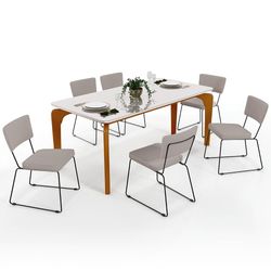 Mesa De Jantar Capri 160cm Off White Nature Com 6 Cadeiras Allana B05 Linho Bege - Lyam Decor
