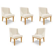 Kit 5 Cadeiras Decorativas Sala de Jantar Base Fixa de Madeira Firenze Linho Bege/Castanho G19 - Gran Belo