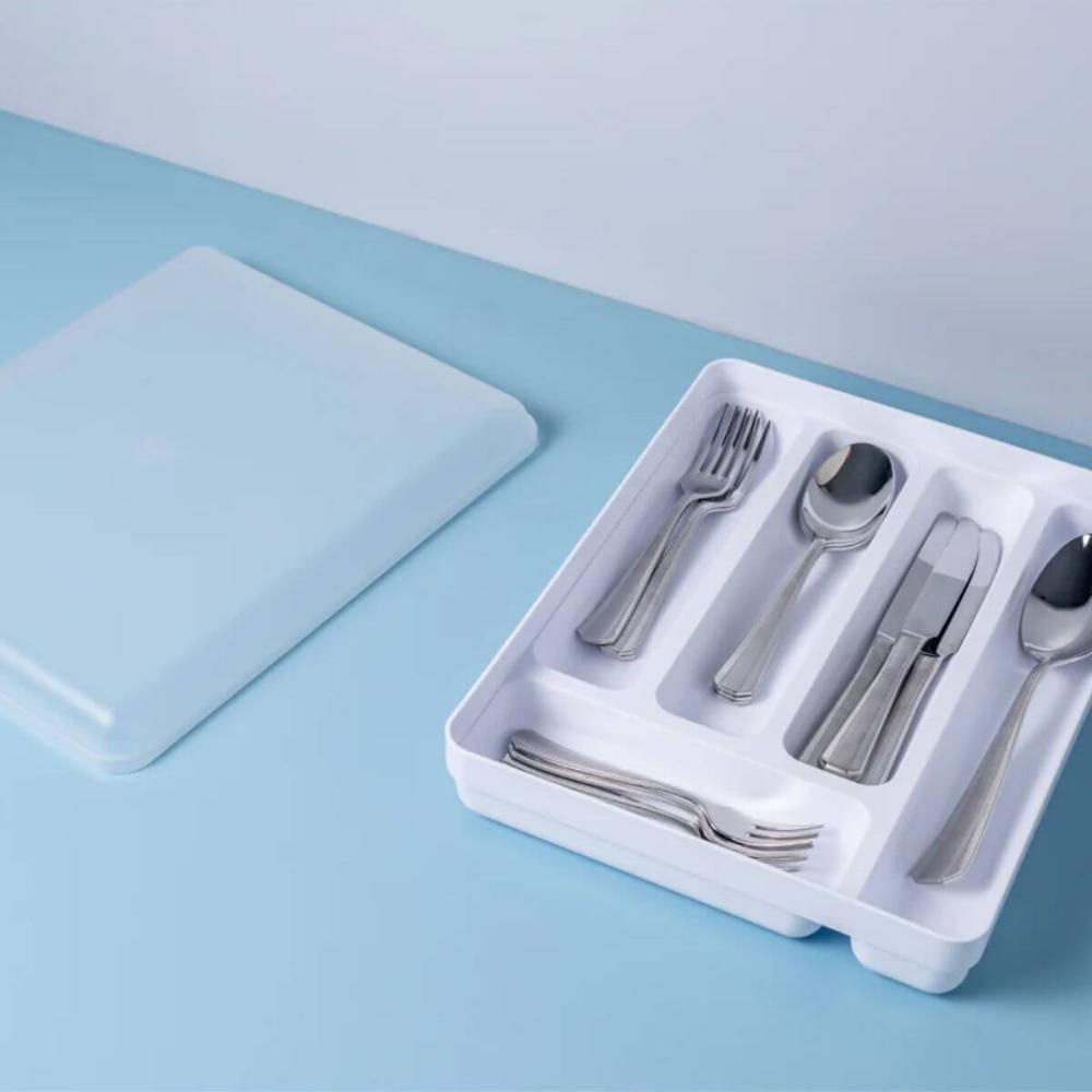 Encontraproduto.com.br - Kit Prateleira Empilhável e Porta Talheres com Tampa para Gaveta Organizador de Armário OU