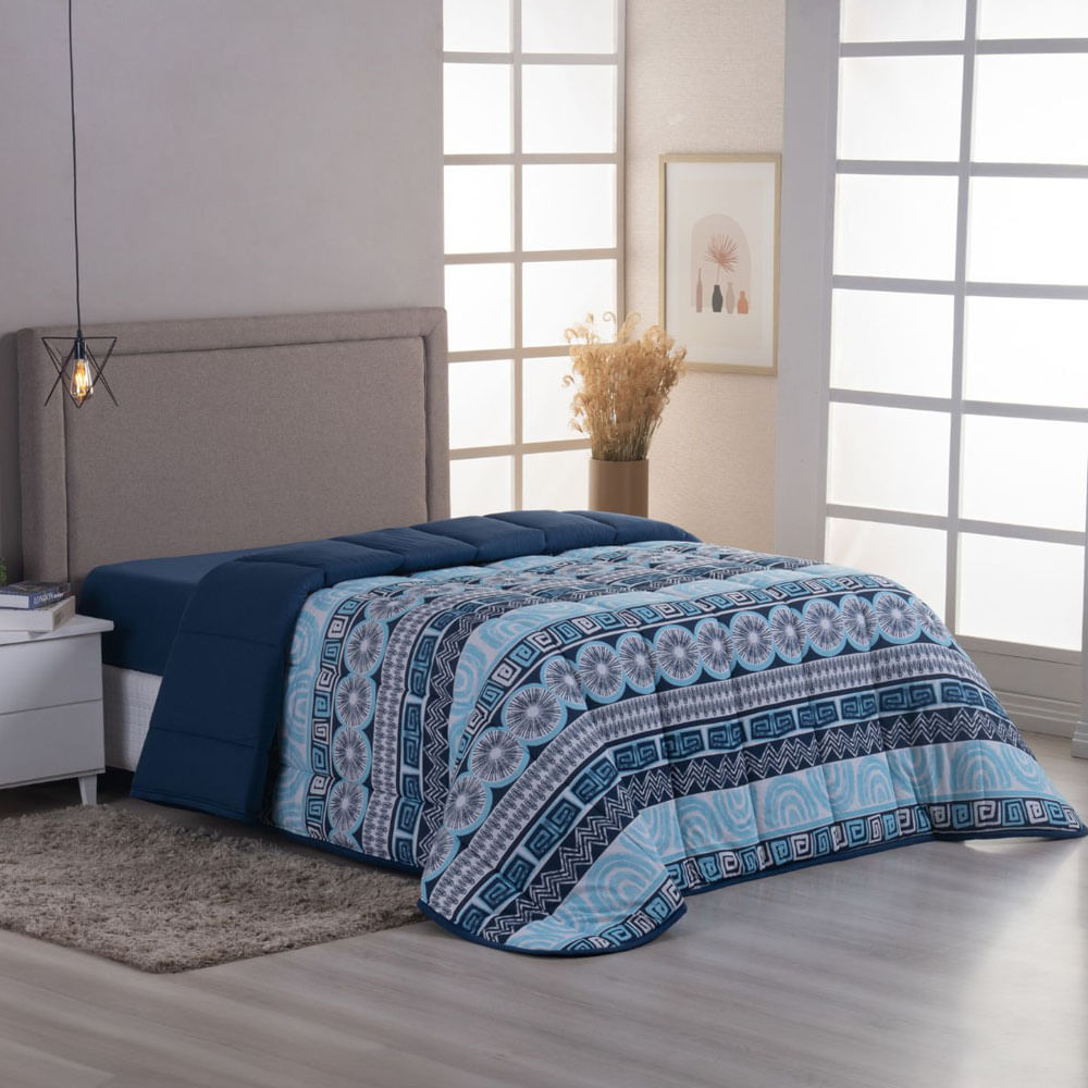 Edredom cobertor sonnet king malha estampada dupla face 100% algodão - geométrico - azul marinho
