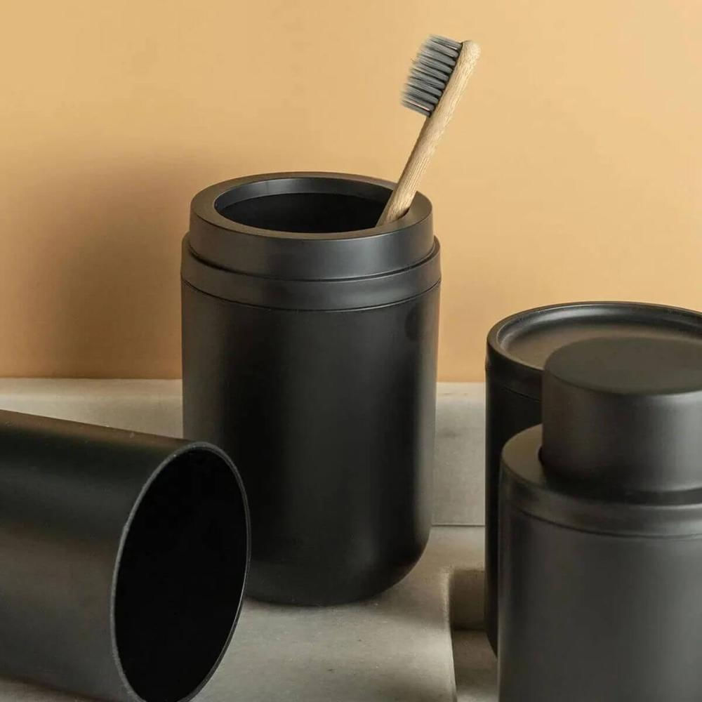 Kit Bandeja para Banheiro e Porta Escova de Dente com Tampa Lavabo Preto Ou
