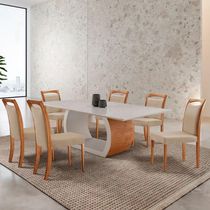Mesa Ellis 180cm Tampo Laqueado Com Vidro Com 6 Cadeiras Munique Linho Premuim/imbuia Nat./off White