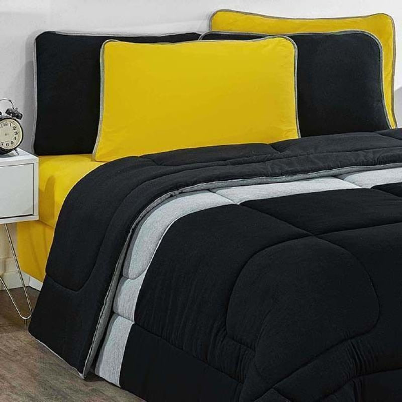 Kit Edredom + Jogo De Lençol Malha 100% Algodão Urbano 6 Peças King - Preto-mescla-amarelo