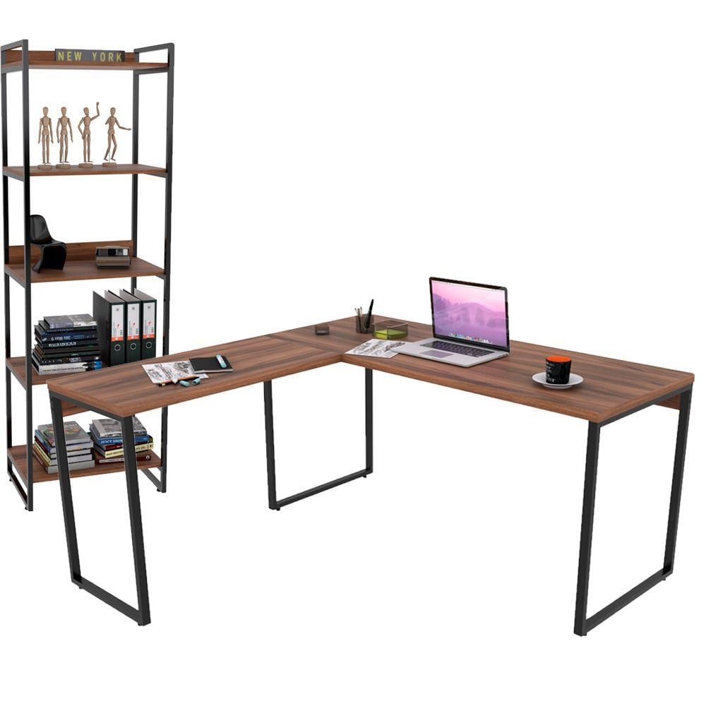 Kit Mesa Em L Com Estante 5 Prateleiras 150X150 Nogal