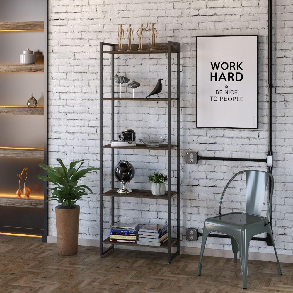 Kit Estante Areta 5 Prateleiras com Mesa Industrial Aspen 135cm C01 Carvalho Dark - Lyam Decor