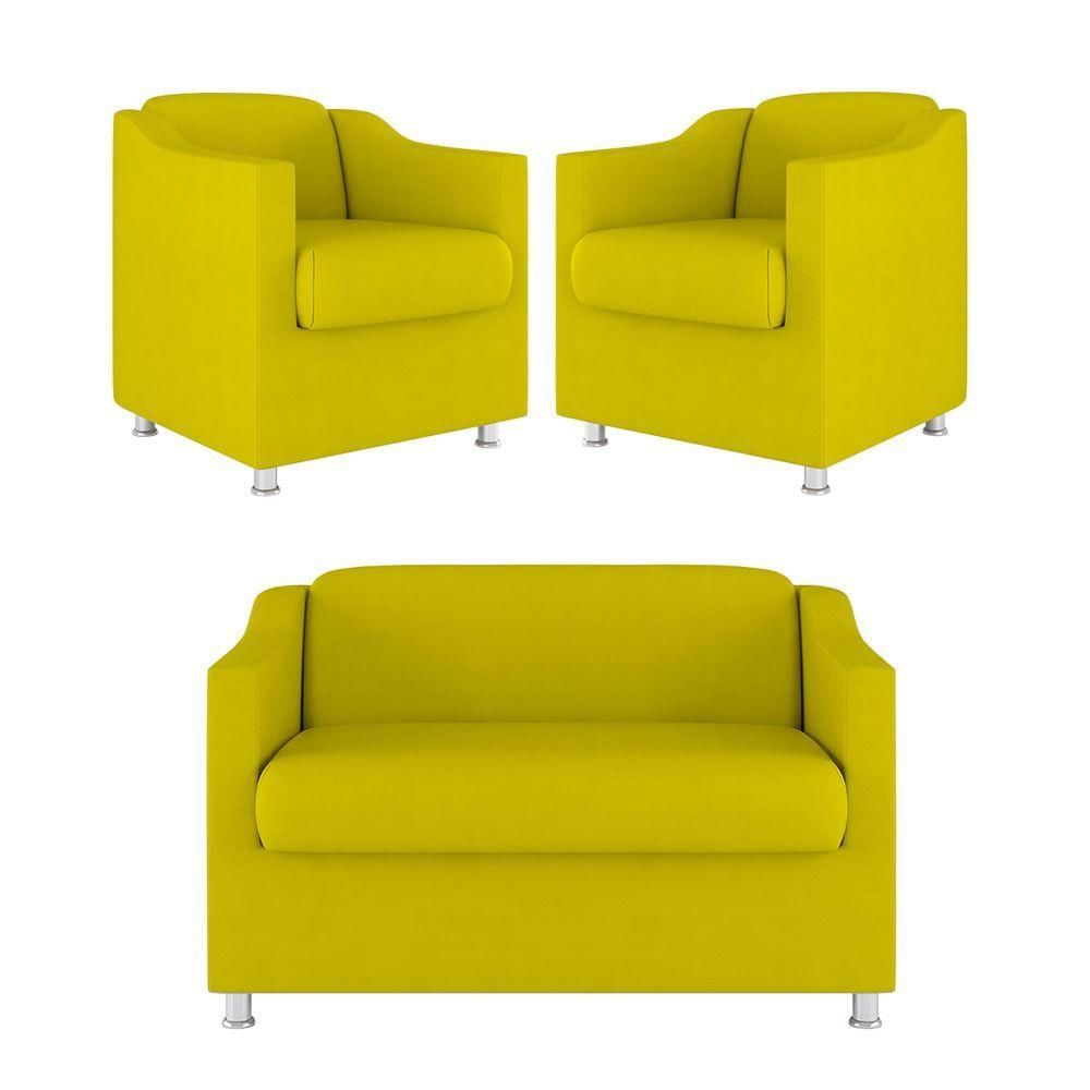 Encontraproduto.com.br - Kit Sofá Namoradeira + 02 Poltrona Tilla Recepção Sala Suede amarelo