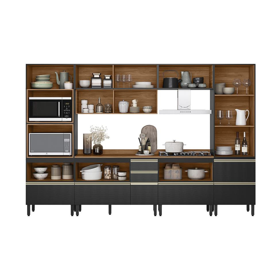 Armário de Cozinha Compacta com 2 Vidros Reflecta Proença 8 Portas 8 Gavetas Carbono e Nogueira