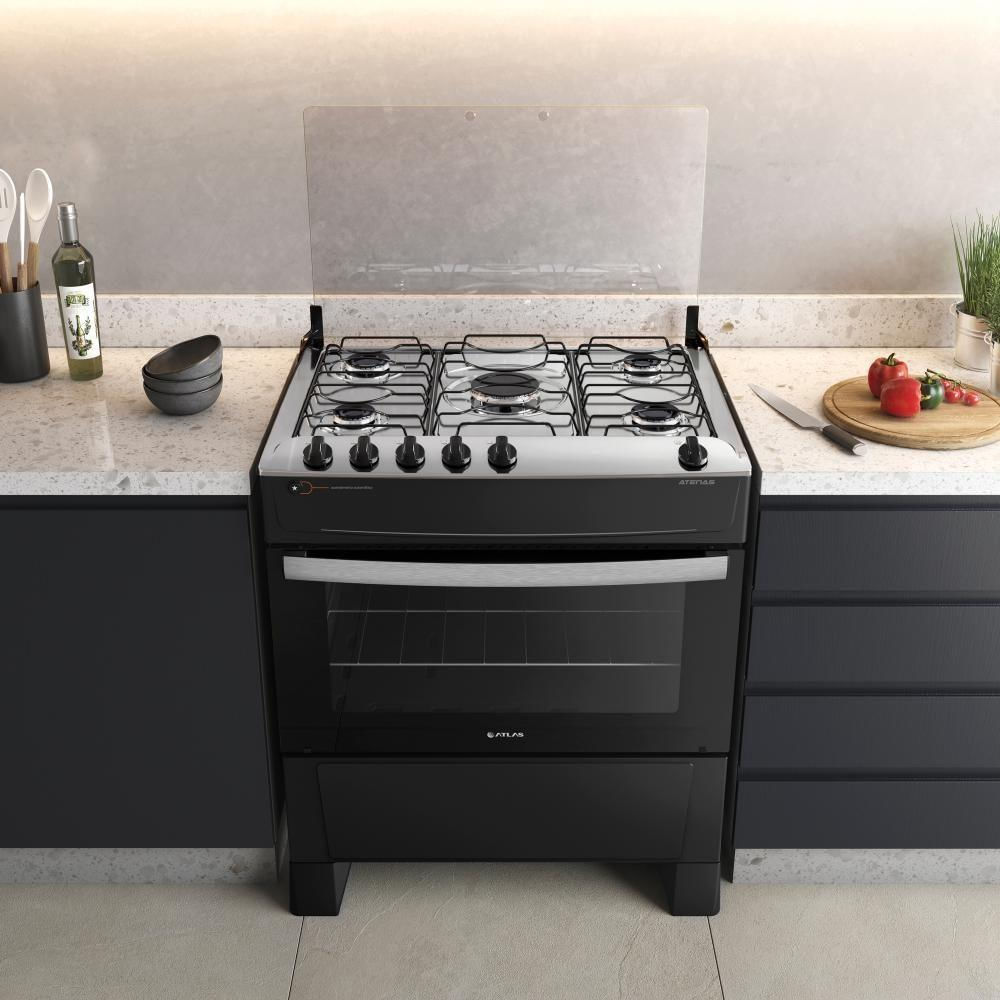 Fogão 5 Bocas Preto Com Mesa Inox Atlas Atenas Bivolt