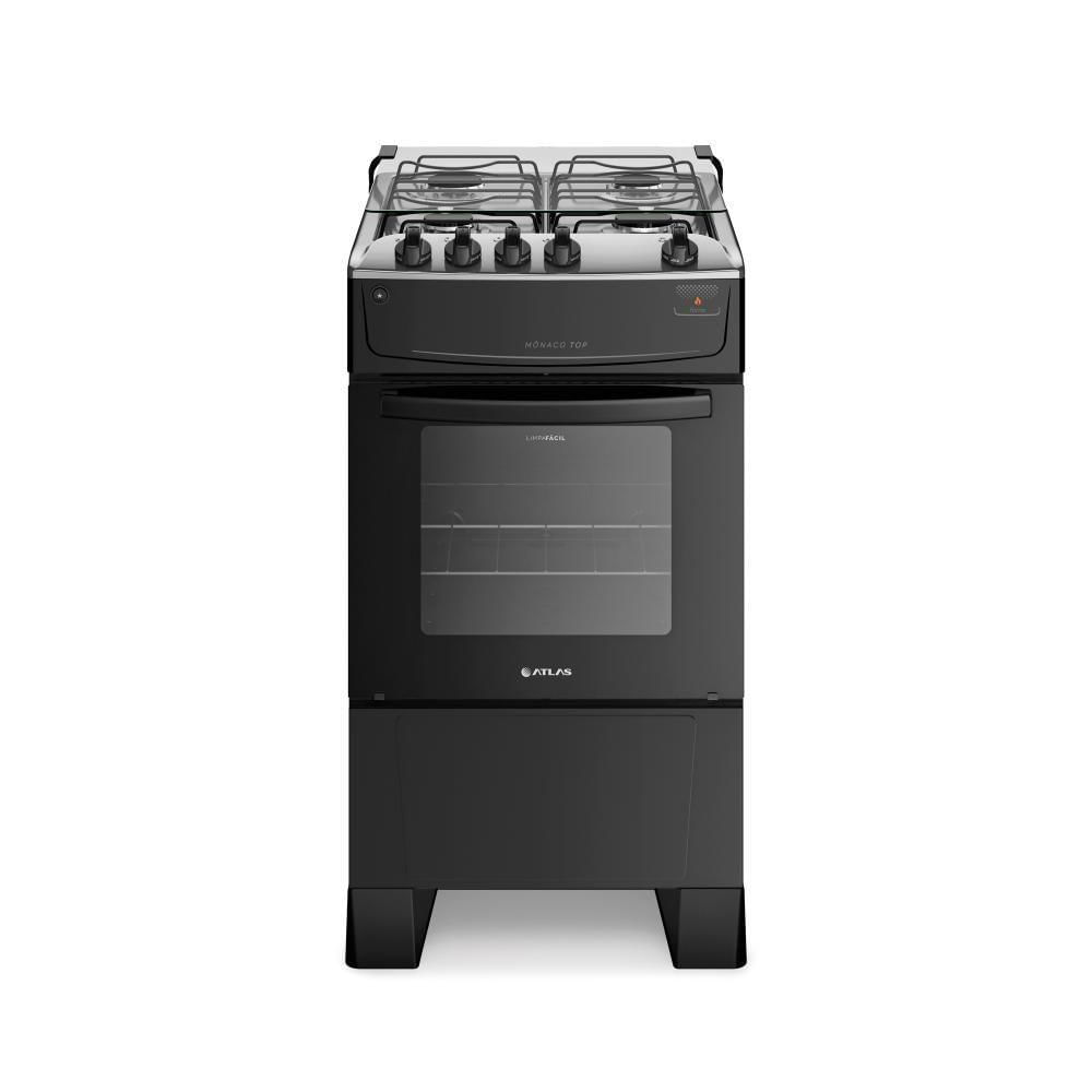 Fogão 4 Bocas Preto Com Mesa Inox Atlas Mônaco Top Bivolt