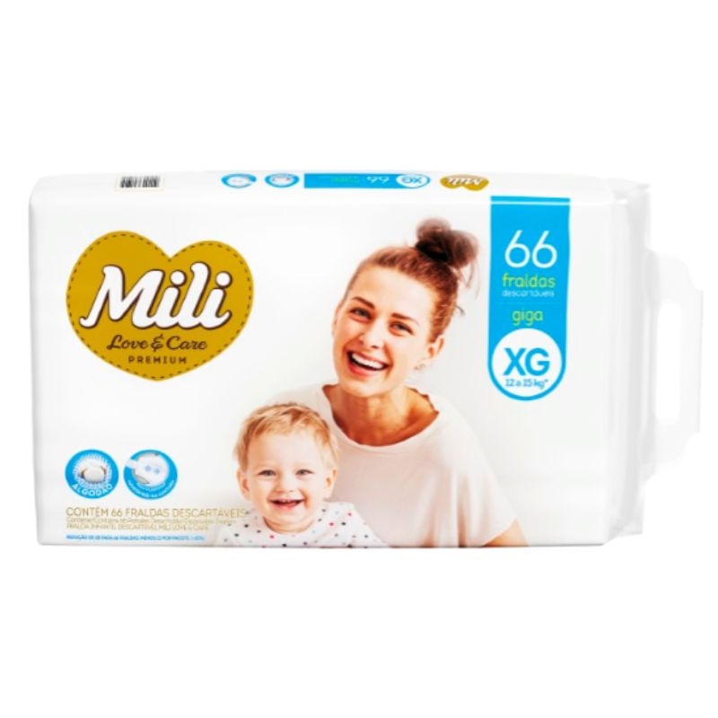 Fralda Descartável Mili Love &amp; Care Premium Giga   Tam: XG  66 fraldas