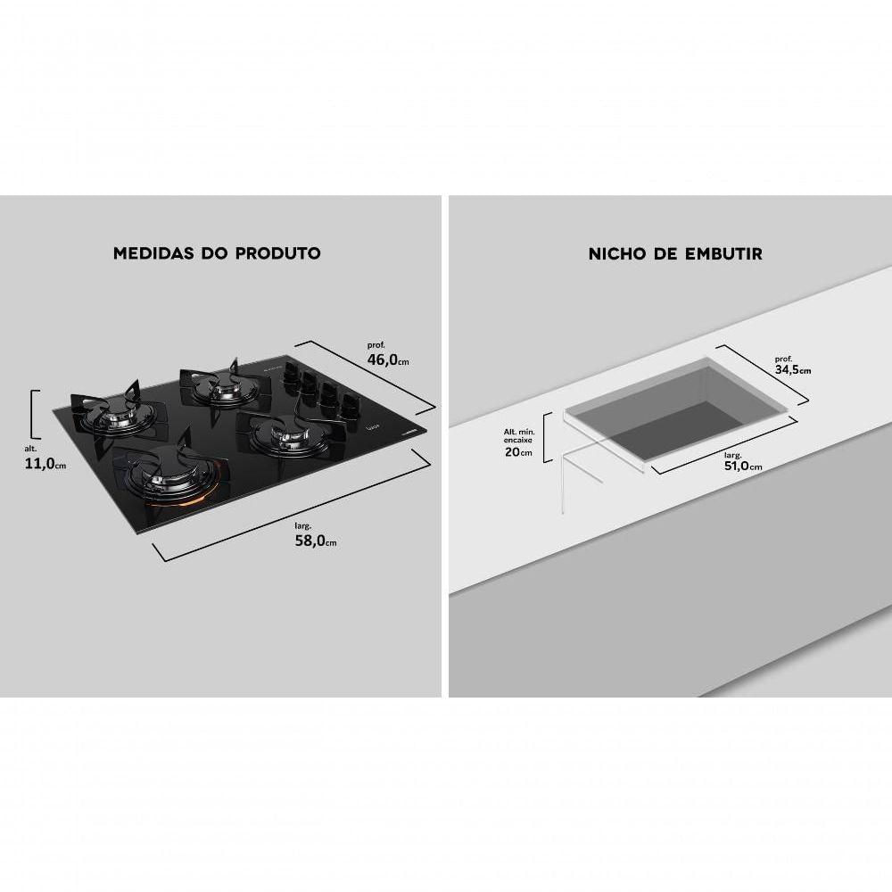 Cooktop 4 Bocas Preto Com Mesa De Vidro Atlas U Top Bivolt