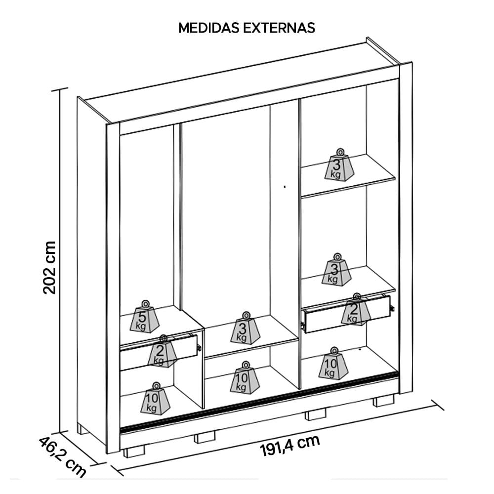 Guarda Roupa 3 Portas 4 Gavetas Espelhos Pés New Glass Preto