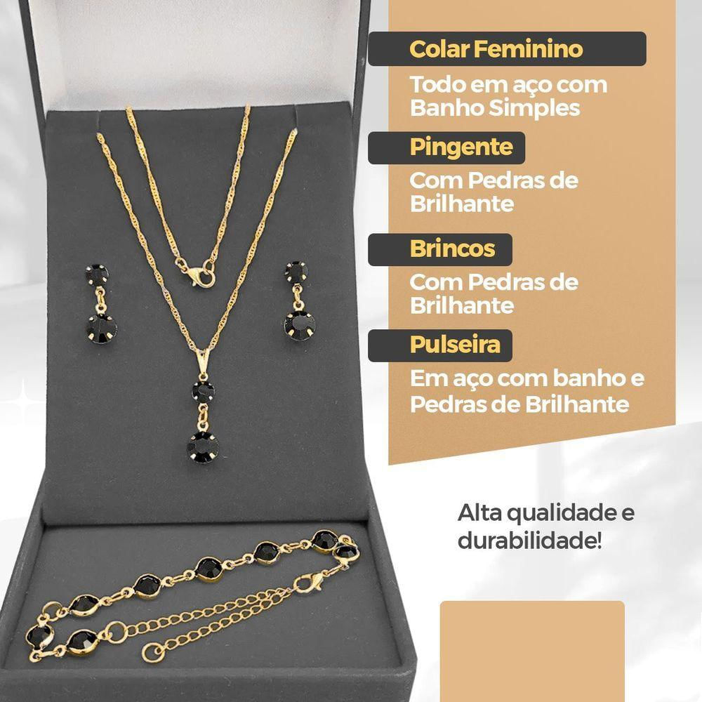 Corrente Veneziana Feminina + Brincos + Pingente + Pulseira Strass Preto Dourada Presente Moda