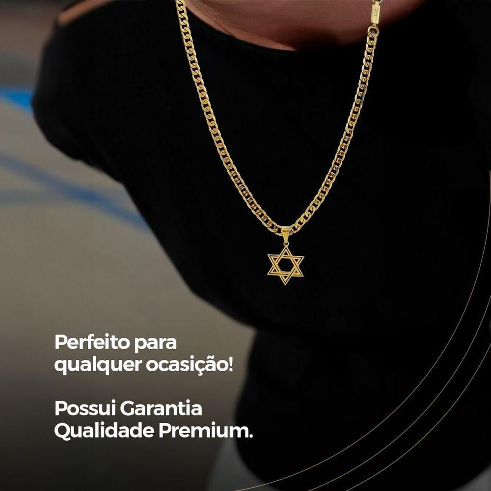 Corrente Banhada Aço + Pingente Estrela Davi + Pulseira Grumet Religioso Casual Moda Masculina